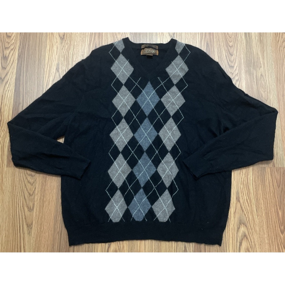 Tasso Elba Mens Large 100% Cashmere Argyle V-Neck Sweater Soft Knit